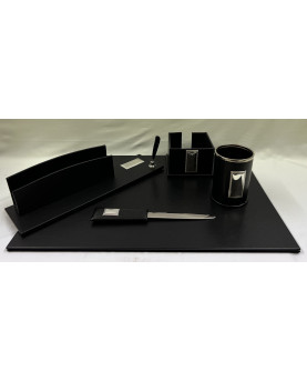 Desk Set Black Leather And Silver